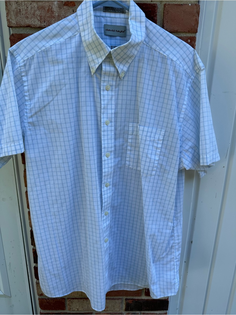 David Taylor Men’s 16.5 Short Sleeve Button Down‎ Light Blue White Grid Shirt